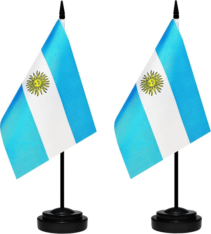 BCLin Argentina Desk Flag Set, 2 Pack Argentine Table Office Flags, Small Mini Desktop Flag With 12" Solid Black Pole, Black Base, Miniature Desktop Flag - Image 1